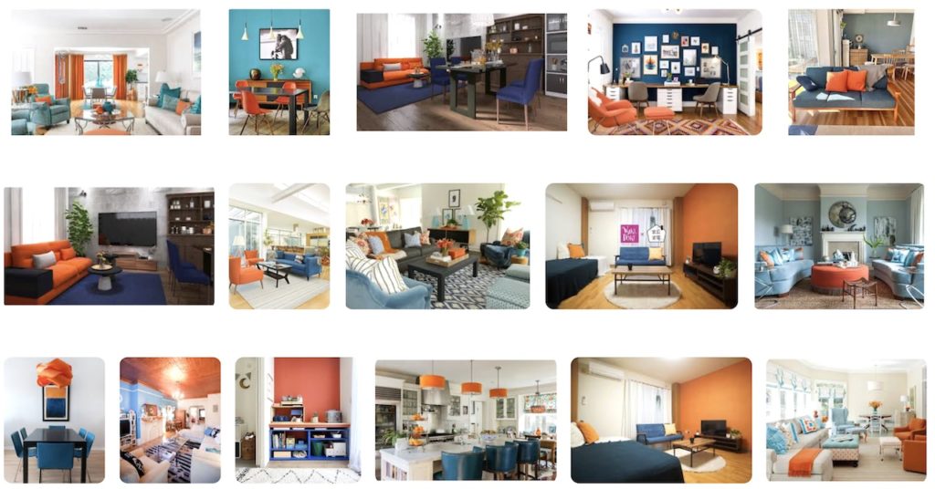 ヨギボーバブルのインテリア参考画像として、カバー色と同じ「ブルーとオレンジ」を中心にしたインテリア例