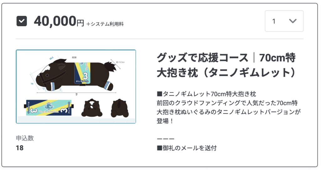 Yogiboヴェルサイユリゾート牧場を支援するクラウドファンディング 返礼品70cm特大抱き枕　タニノギムレット