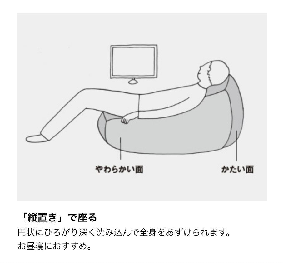 無印良品「体にフィットするソファ」の座り方:縦置きで座ると円状にひろがり深く沈み込んで全身をあずけられます。
お昼寝におすすめ。